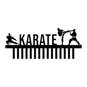 Black steel karate medal holder with cutouts of three karate figures in action poses on top. The word 'KARATE' is cut out above evenly spaced hooks designed to hold medals. The design is sleek and modern, suitable for martial arts enthusiasts.